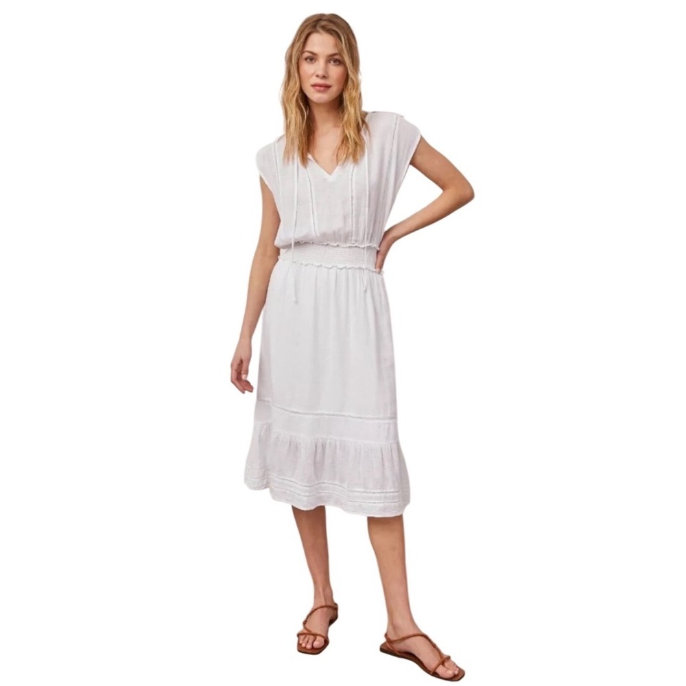 Rails Ashlyn White Lace Detail Linen Blend Smocked Midi Dress S Coastal Vacation